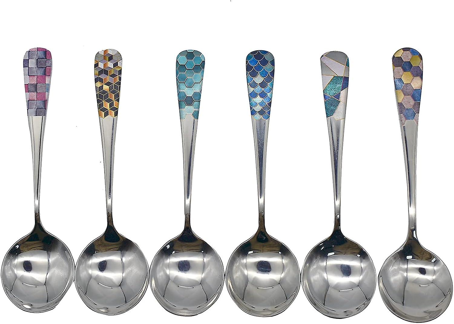 6pcs Round Head Soup Spoons With Fashion Printing Pattern 6.22inch Tablespoon 18/10(304) Stainless Steel Korean