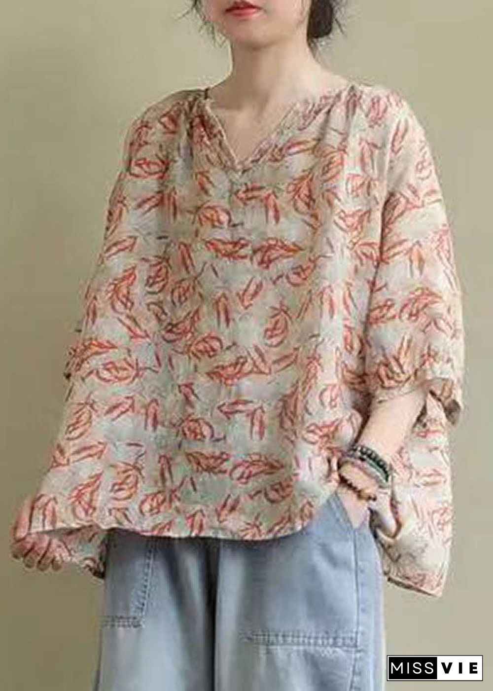 Vintage V Neck Print Loose Fall Shirt Half Sleeve