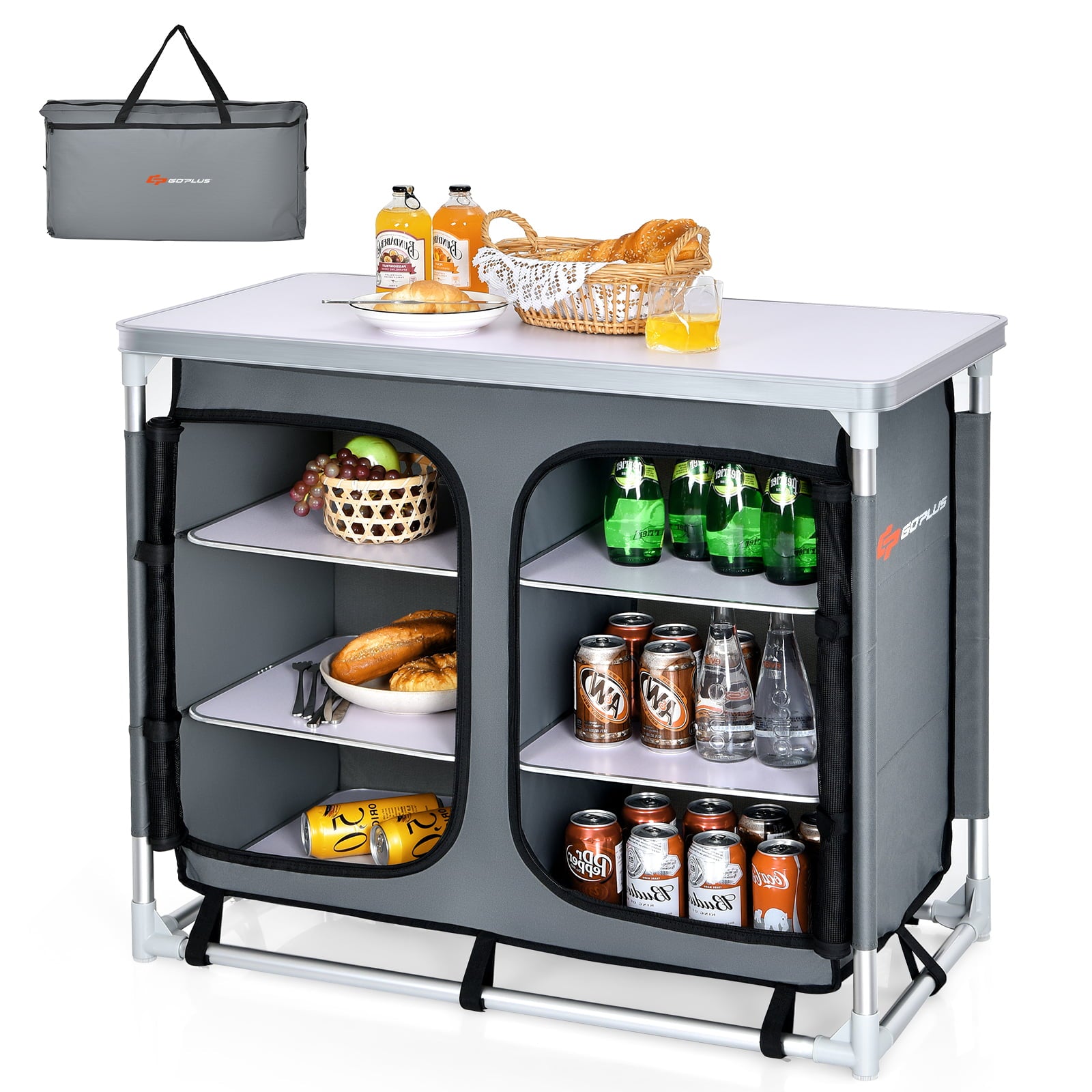 Topbuy Portable Outdoor Camping Table Aluminum Kitchen Station w/Storage Shelves and Carrying Bag for BBQ