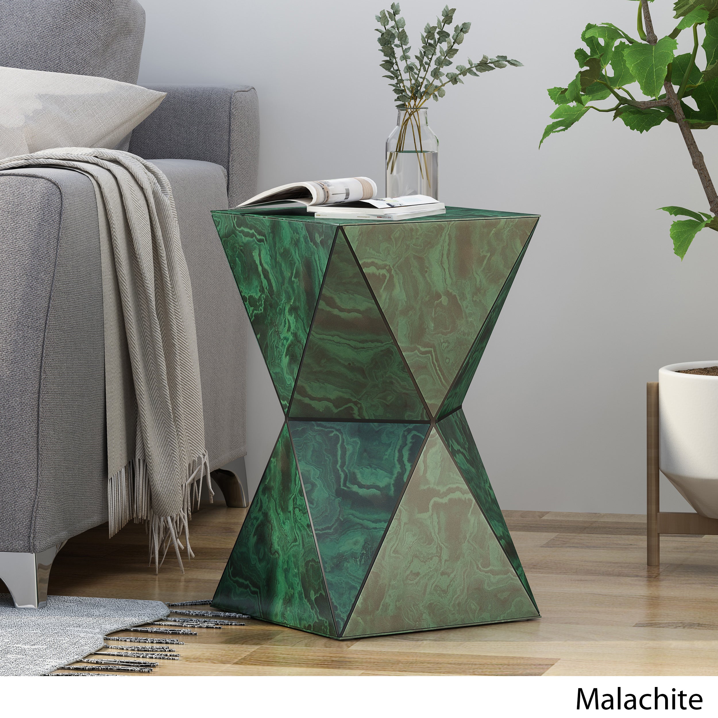 Larry Tempered Glass Hourglass Side Table, Malachite Finish