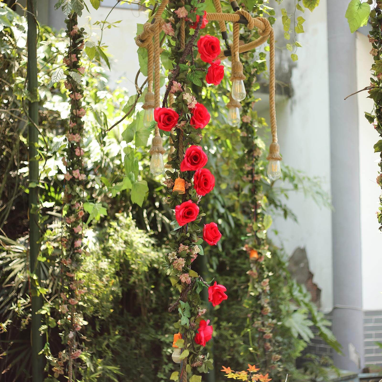 Red Artificial Silk Rose Hanging Flower Garland, Faux Vine 6ft