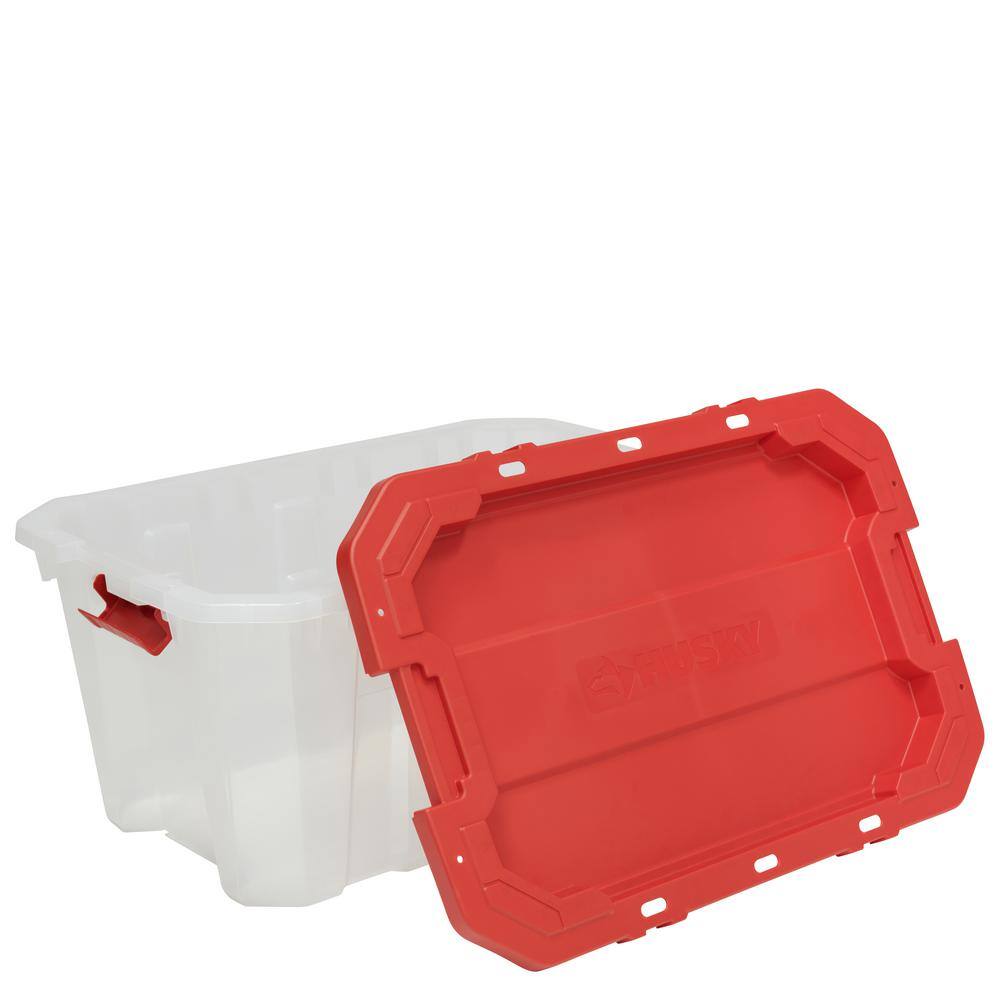 Husky 25 Gal. Latch and Stack Tote in Clear with Red Lid 206234