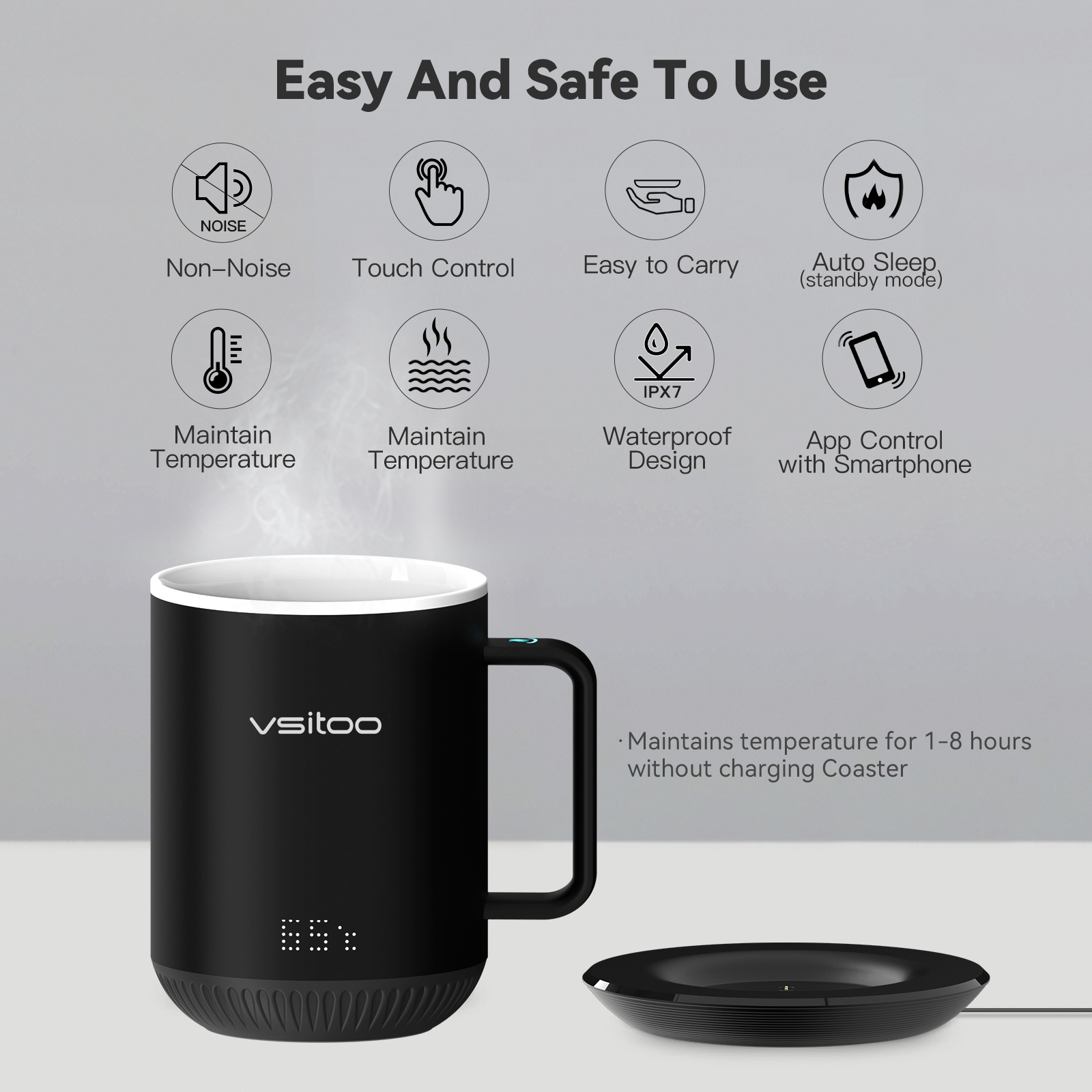 vsitoo S3 Temperature Control Smart Mug 2 with Lid， Self Heating Coffee Mug 10 oz， LED Display， 90 Min Battery Life - AppandManual Controlled Heated Coffee Mug - Improved Design - Perfect Coffee Gifts