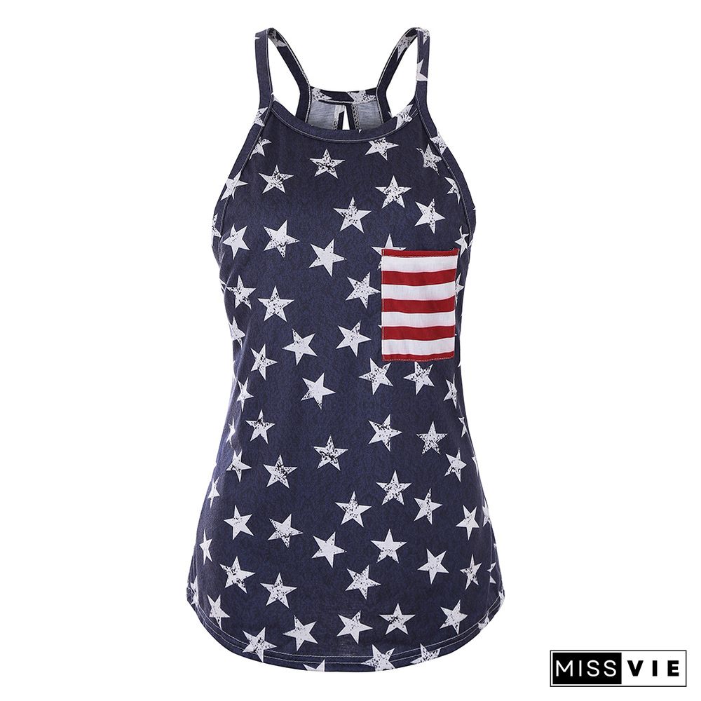 Navy Halter Stars Tank Top with Back Bow Knot