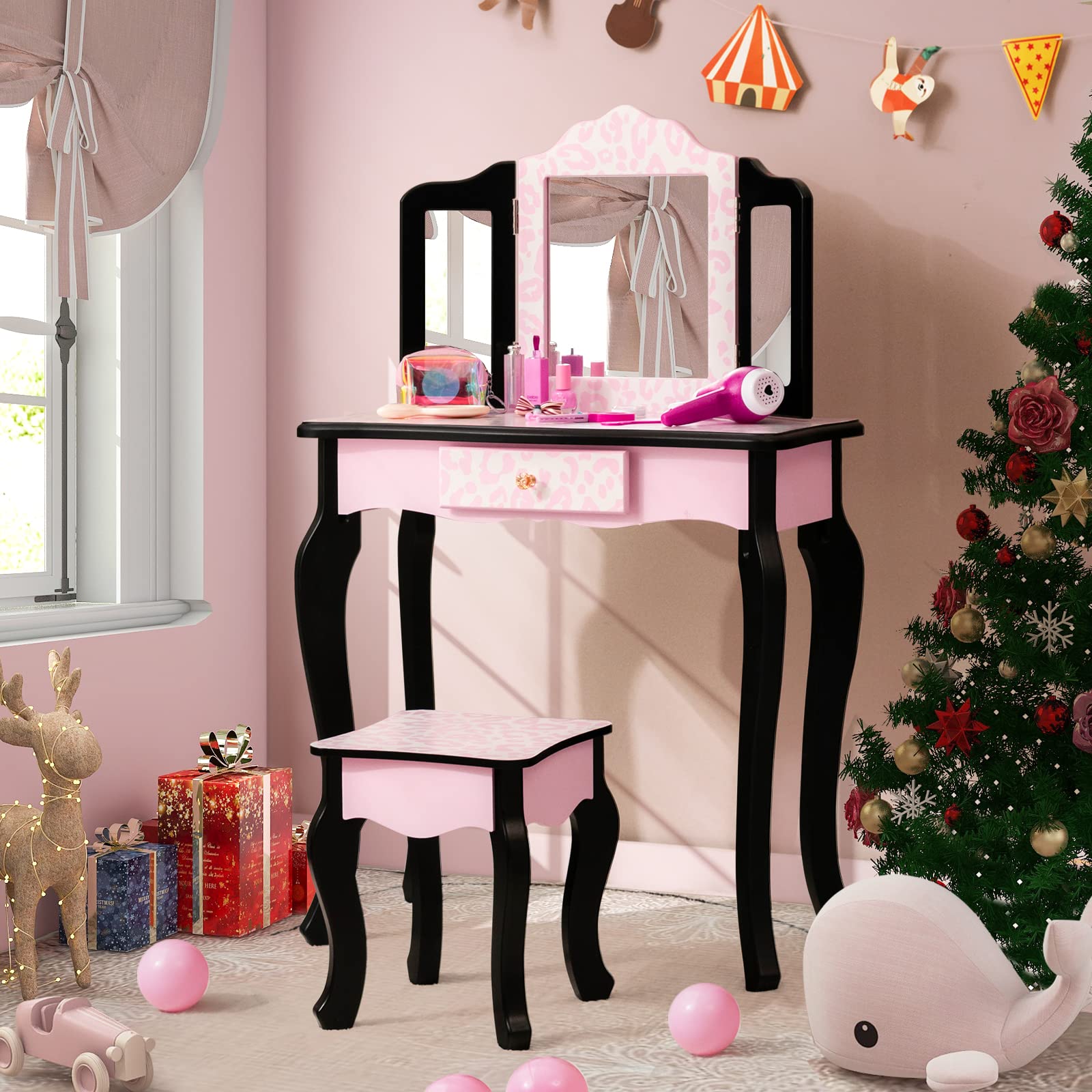 Costzon Kids Vanity Table and Chair Set, Girls Vanity Set with Mirror and Stool, Pretend Play Vanity Set for Little Girls