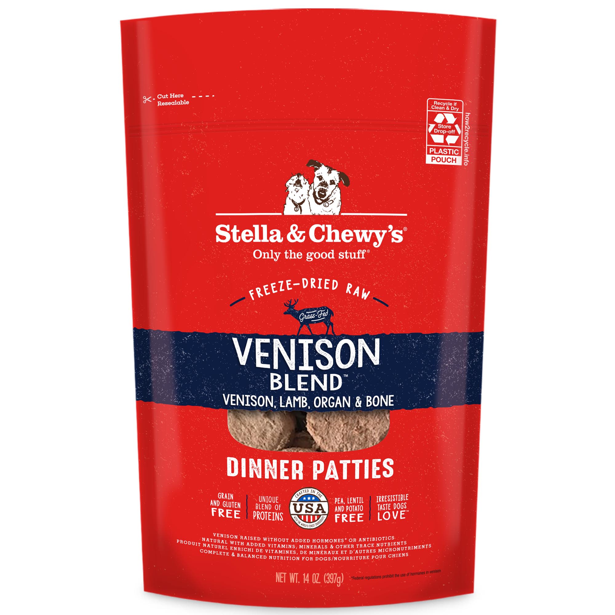 Stella  Chewys Freeze Dried Raw Dinner Patties High Protein Venison Blend Recipe Dry Dog Food， 14 oz.