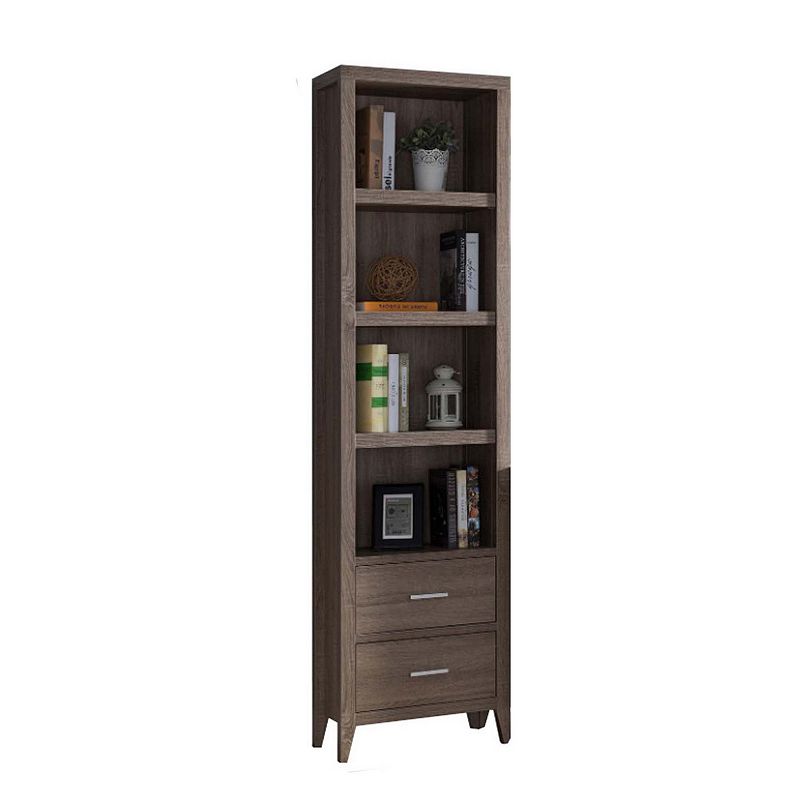 Wooden Media Tower with Four Open Shelves and Two Drawers， Dark Taupe Brown