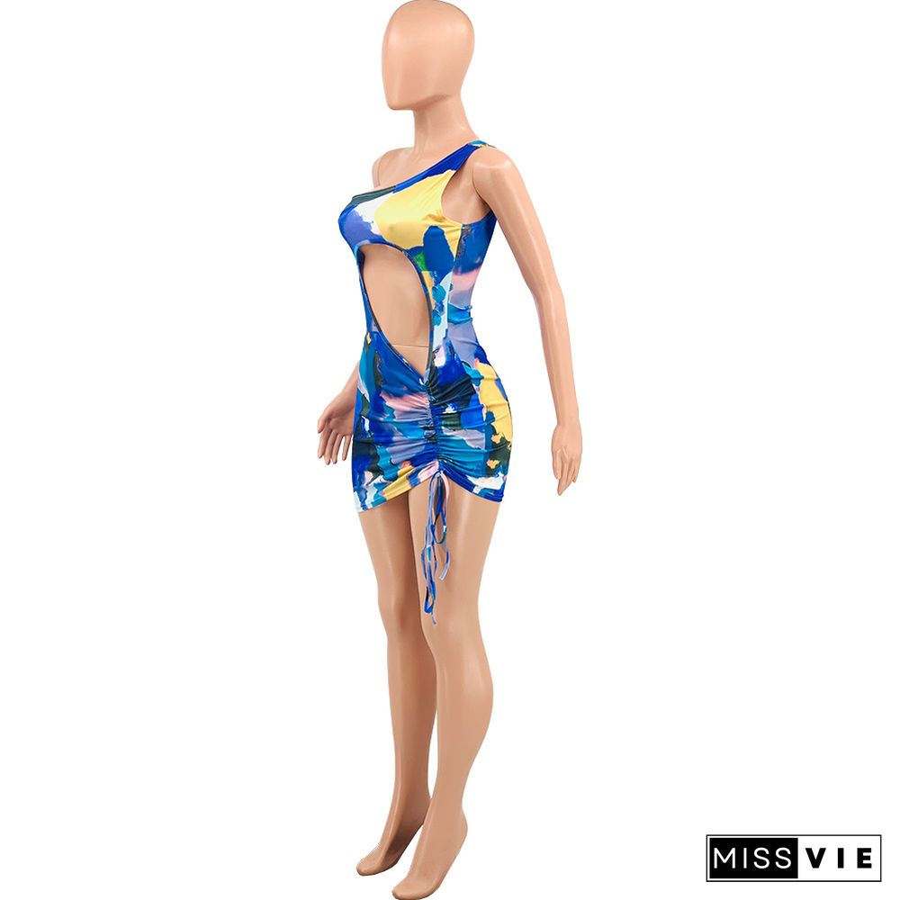 Tie Dye Print Drawstring Cut Out Sexy Dresses