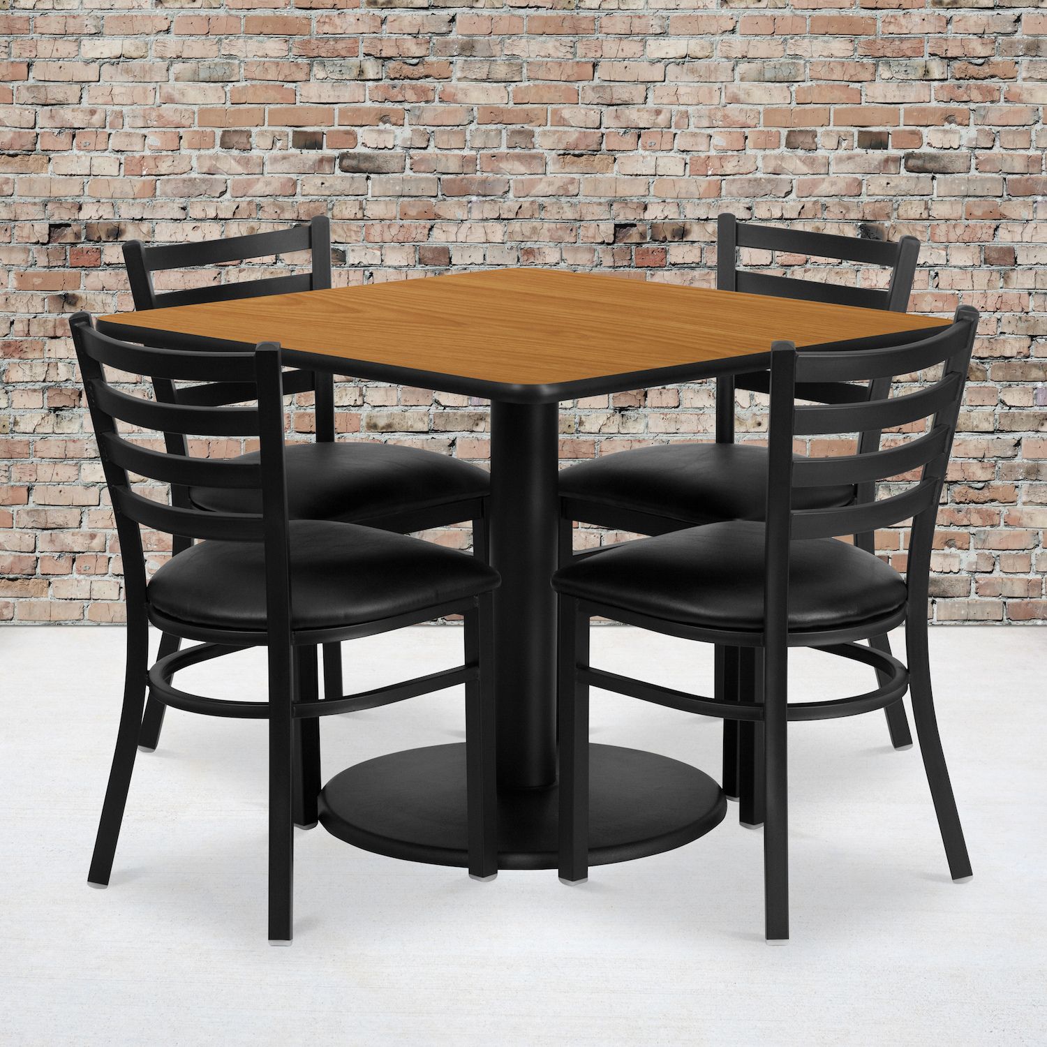 Emma and Oliver 36SQ Natural Table Set-RD Base and 4 Ladder Back Chairs，Black Seat