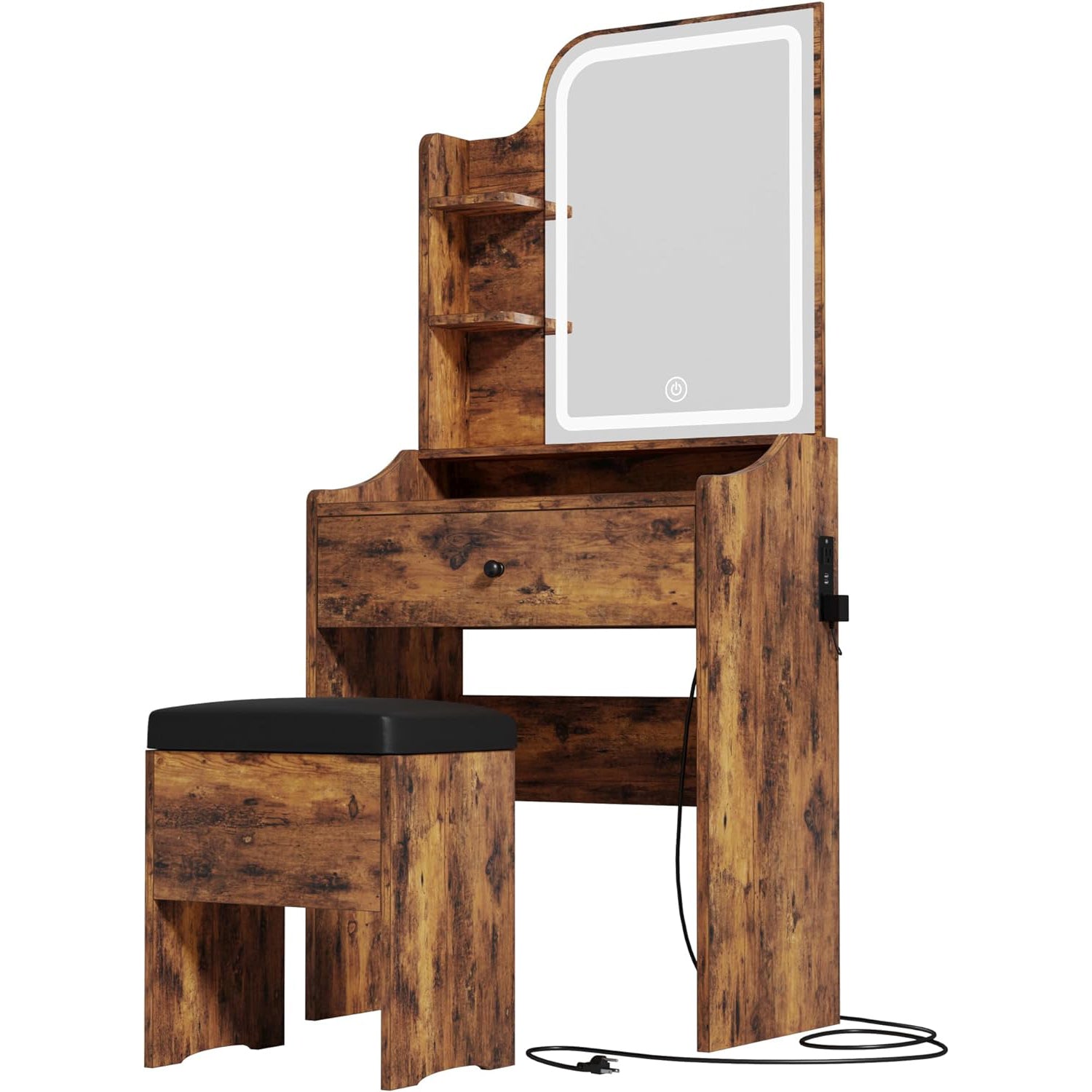 Makeup Vanity Desk with Upholstered Storage Stool Vanity Table Set with 1 Drawer, 3 Shelves, LED Light and USB Port