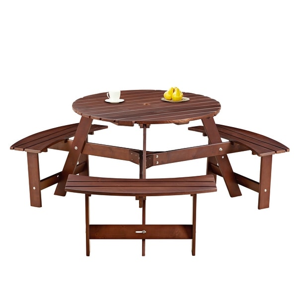 Outdoor Round Picnic Table Set with Builtin Benches and Umbrella Hole