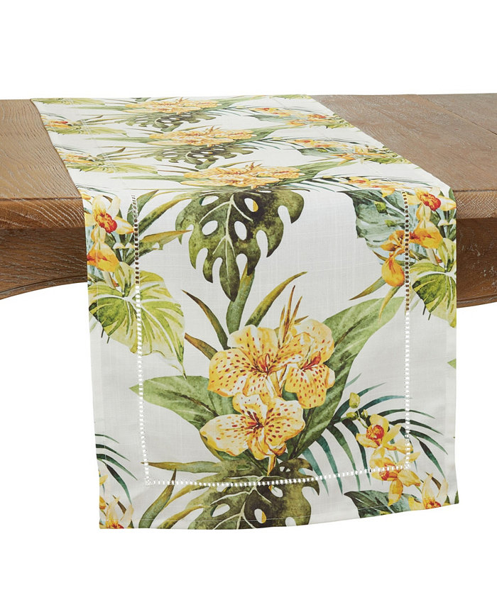 Saro Lifestyle Hemstitch Table Runner with Tropical Flower Design 72 x 16