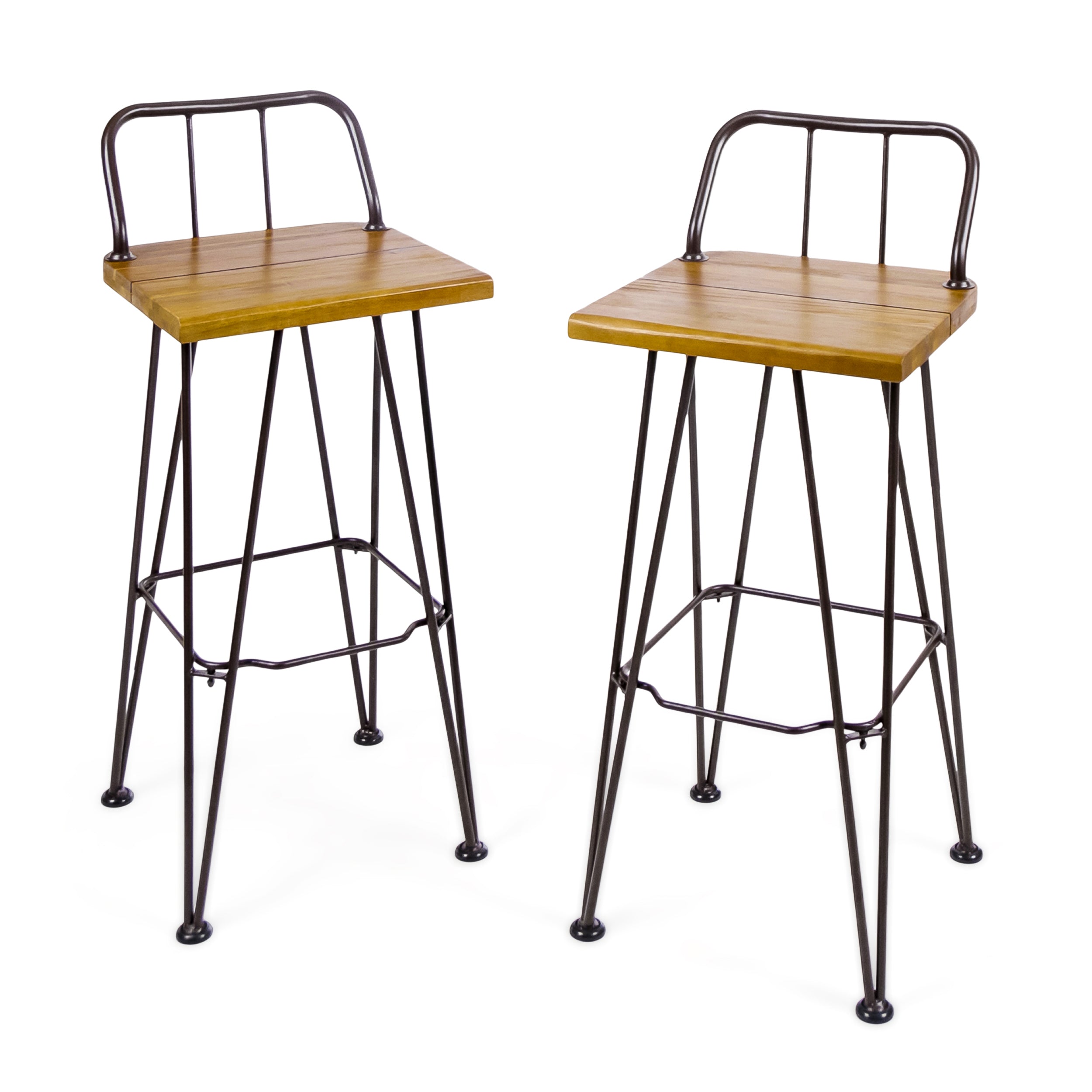 Leonardo Outdoor Industrial Teak Finished Acacia Wood Barstools with Iron Frame