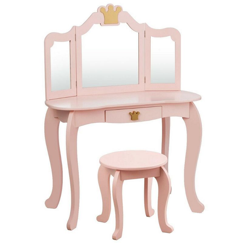 Kids Makeup Dressing Table with Tri-folding Mirror and Stool