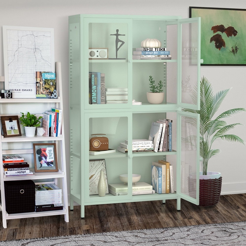 Glass Door Storage Cabinet with Adjustable Shelves