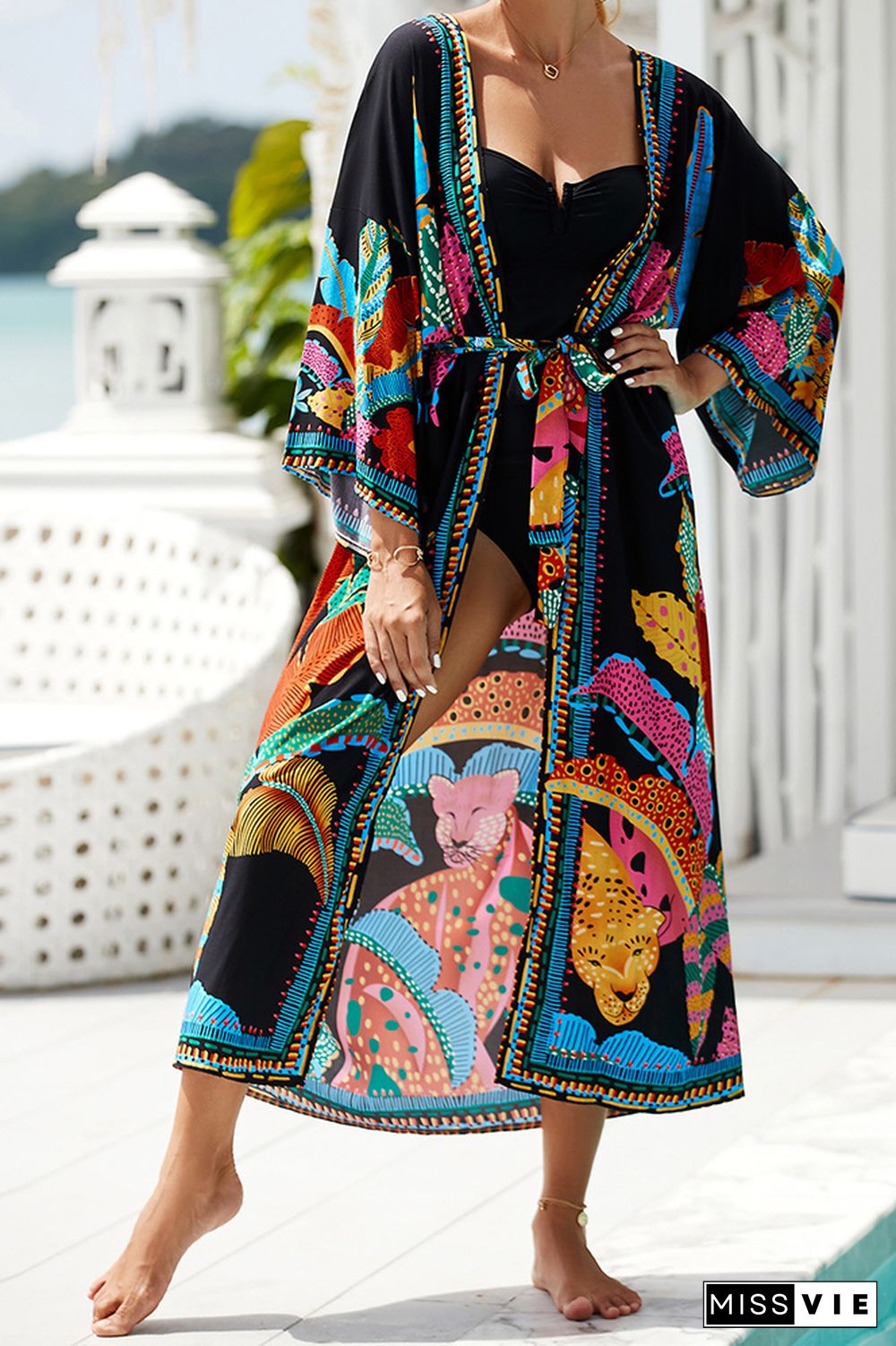 Colorblock Printing Beach Cover Up Kimono