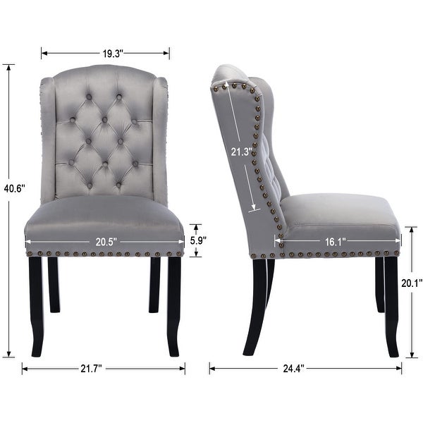 Dining Chairs Set of 2， Tufted Velvet Upholstered Dining Room Chairs with High Back and Wooden Legs， Grey - as picture