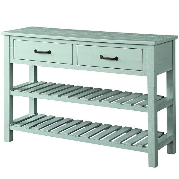 Retro Console Table for Entryway with Drawers and Shelf， Antique Blue