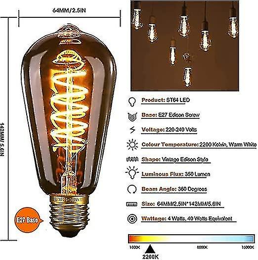 Vintage Light Bulb Dimmable Spiral Flexible Led ment Bulbs， No Flicker Retro E27 Screw Bulb -2 P