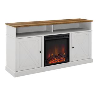 Welwick Designs 60 in. Reclaimed Barnwood and Brushed White Wood X Door TV Stand Fits TVs up to 65 in. with Electric Fireplace HD8758