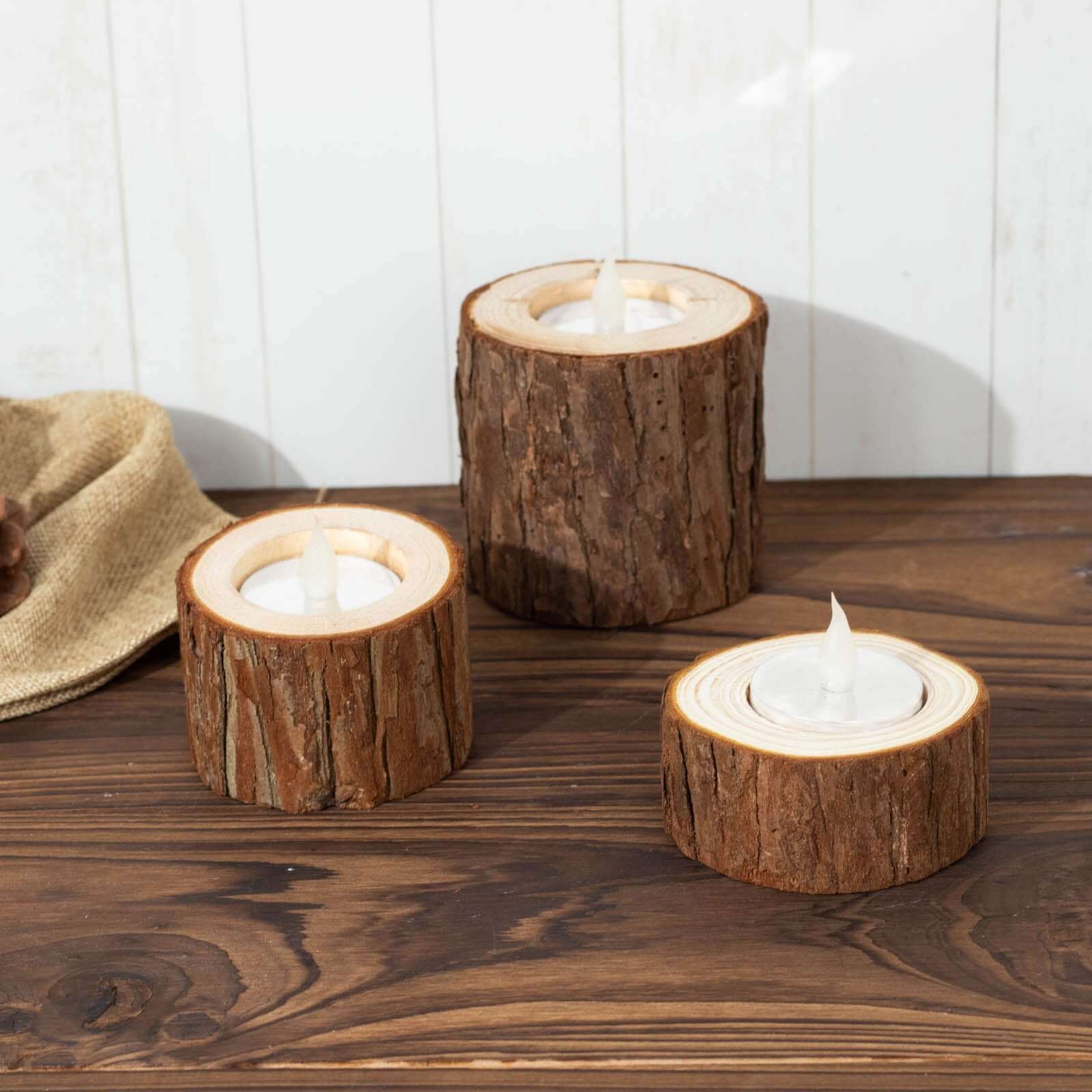 Set of 3 Assorted Farmhouse Wood Slice Votive Candle Holders, Rustic Tree Branch Wedding Table Décor 2.75