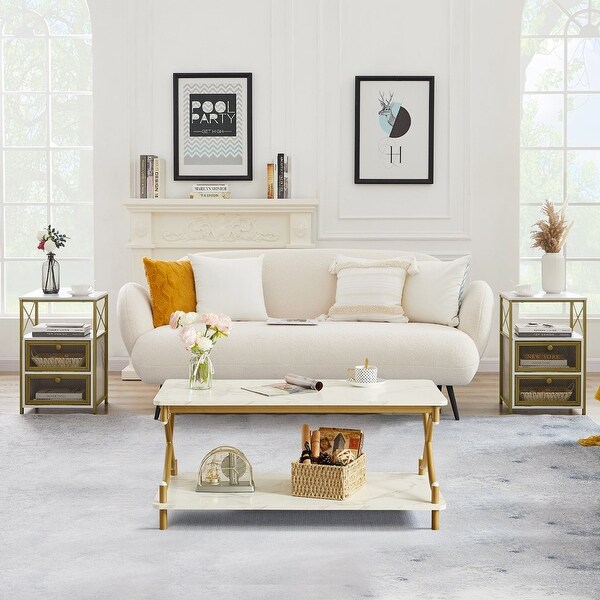 3 Piece Coffee Table Set Modern Coffee Table and Nightstand Set of 2，Marble