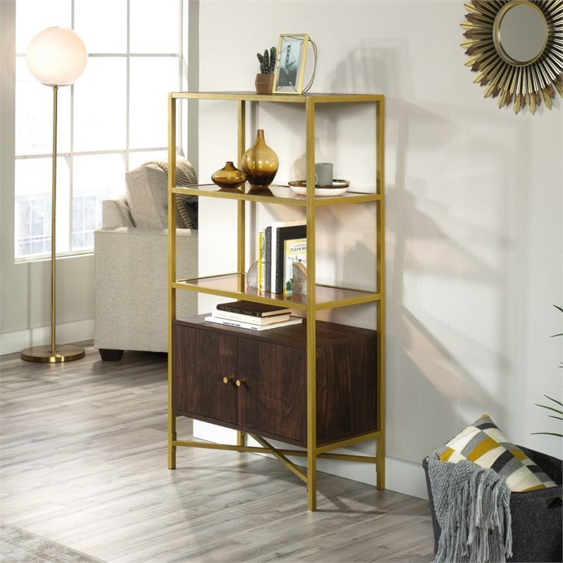 Sauder Harper Heights 3 Glass Shelf Bookcase in Rich Walnut and Gold   Contemporary   Bookcases   by Homesquare  Houzz