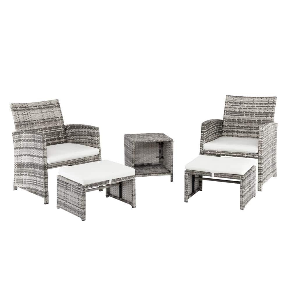 Winado Grey 5Piece Wicker Patio Conversation Set with White Cushions