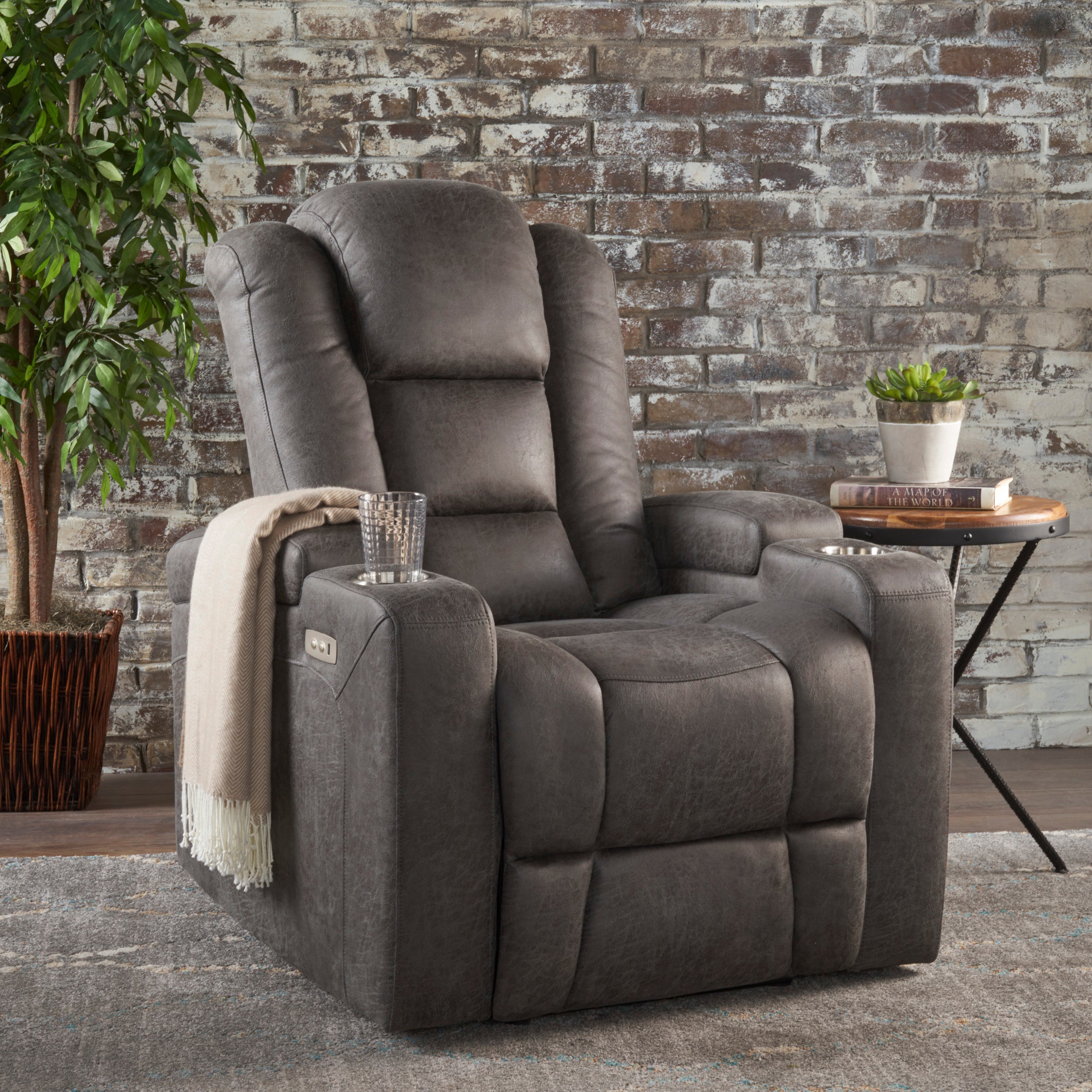 Everette Microfiber Power Recliner With Storage, USB Charger, and Cup Holder