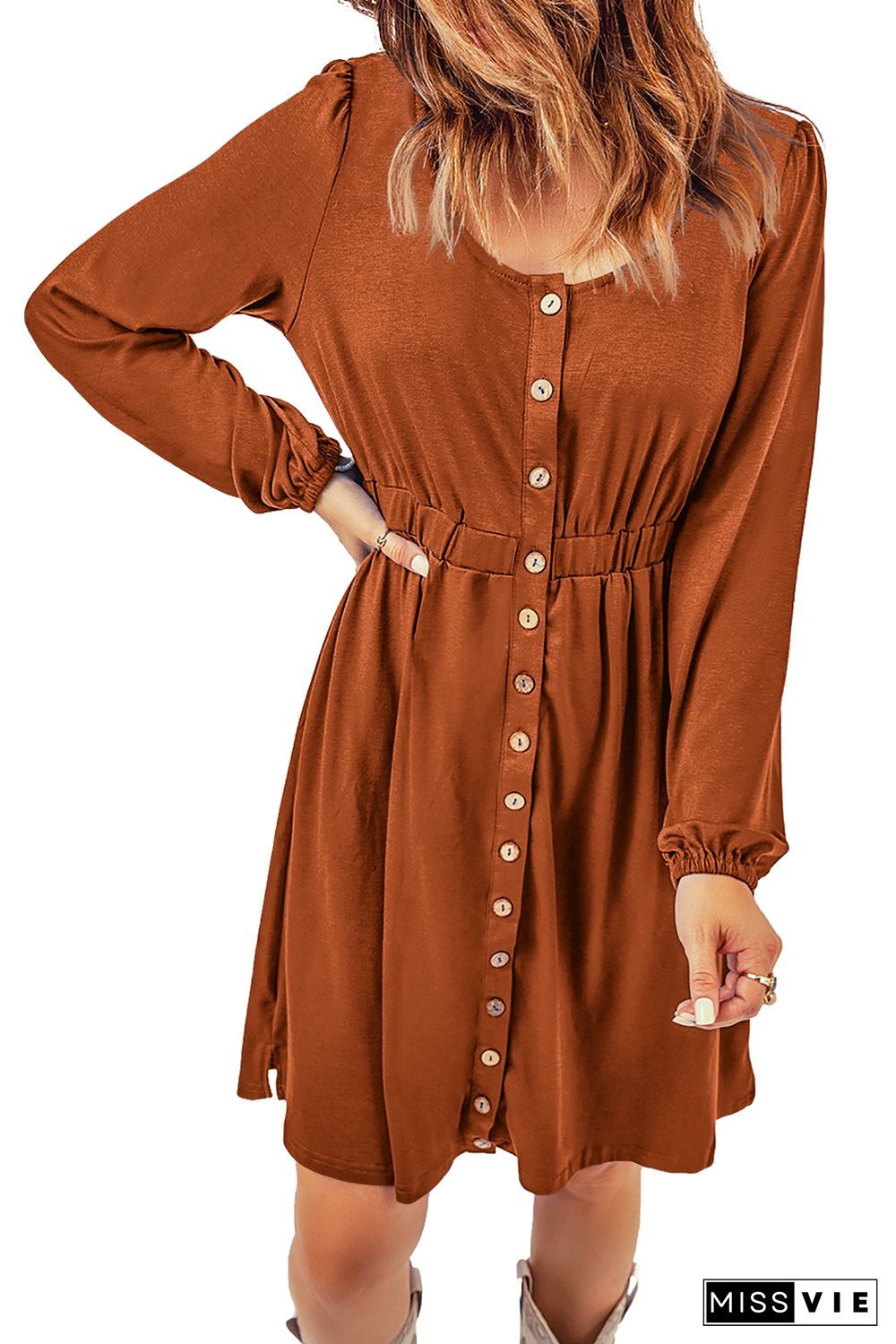 Brown Button Up High Waist Long Sleeve Dress