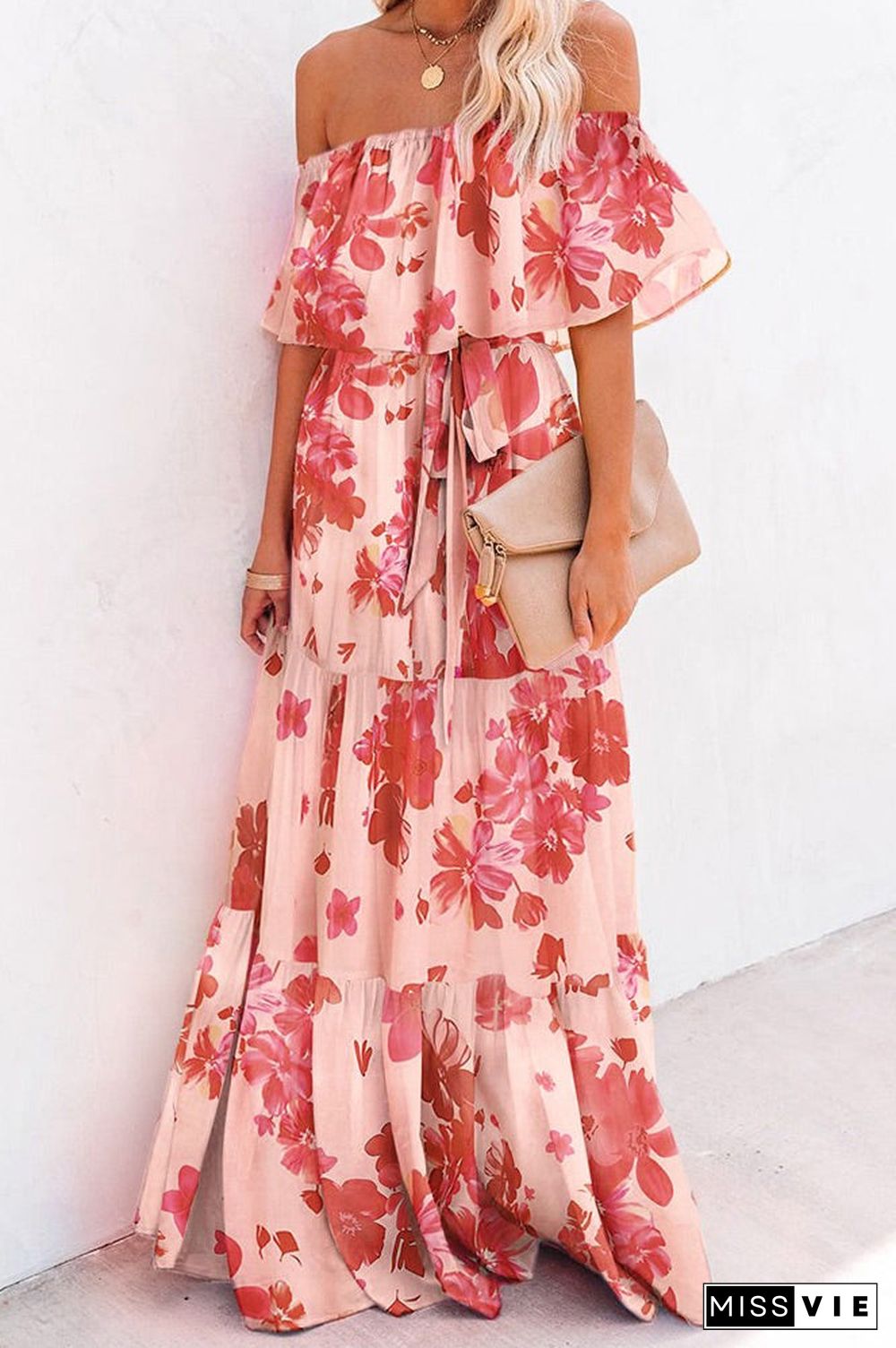 Plus Size Pink Print Off Shoulder Maxi Dress