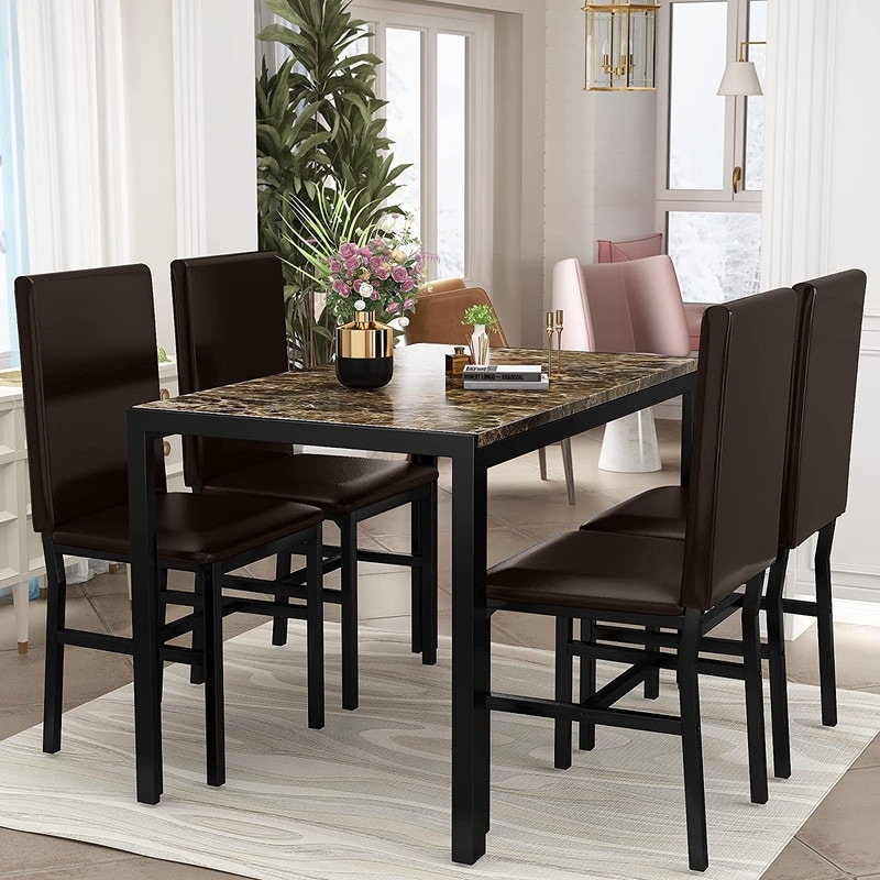 Modern Faux Marble 5 Pieces Kitchen Dining Set with 4 Cushion PU Leather Chairs