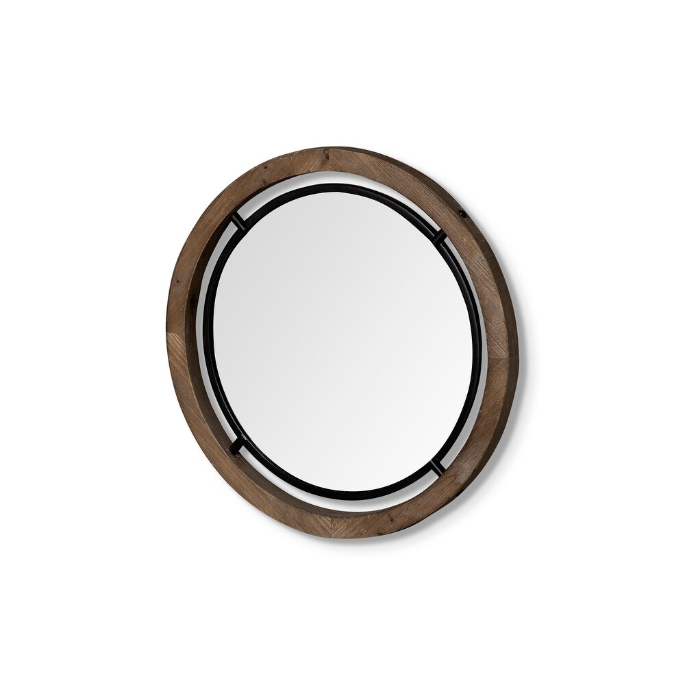 Josi Brown Solid Wood With Black Metal Frame Round Mirror (19\