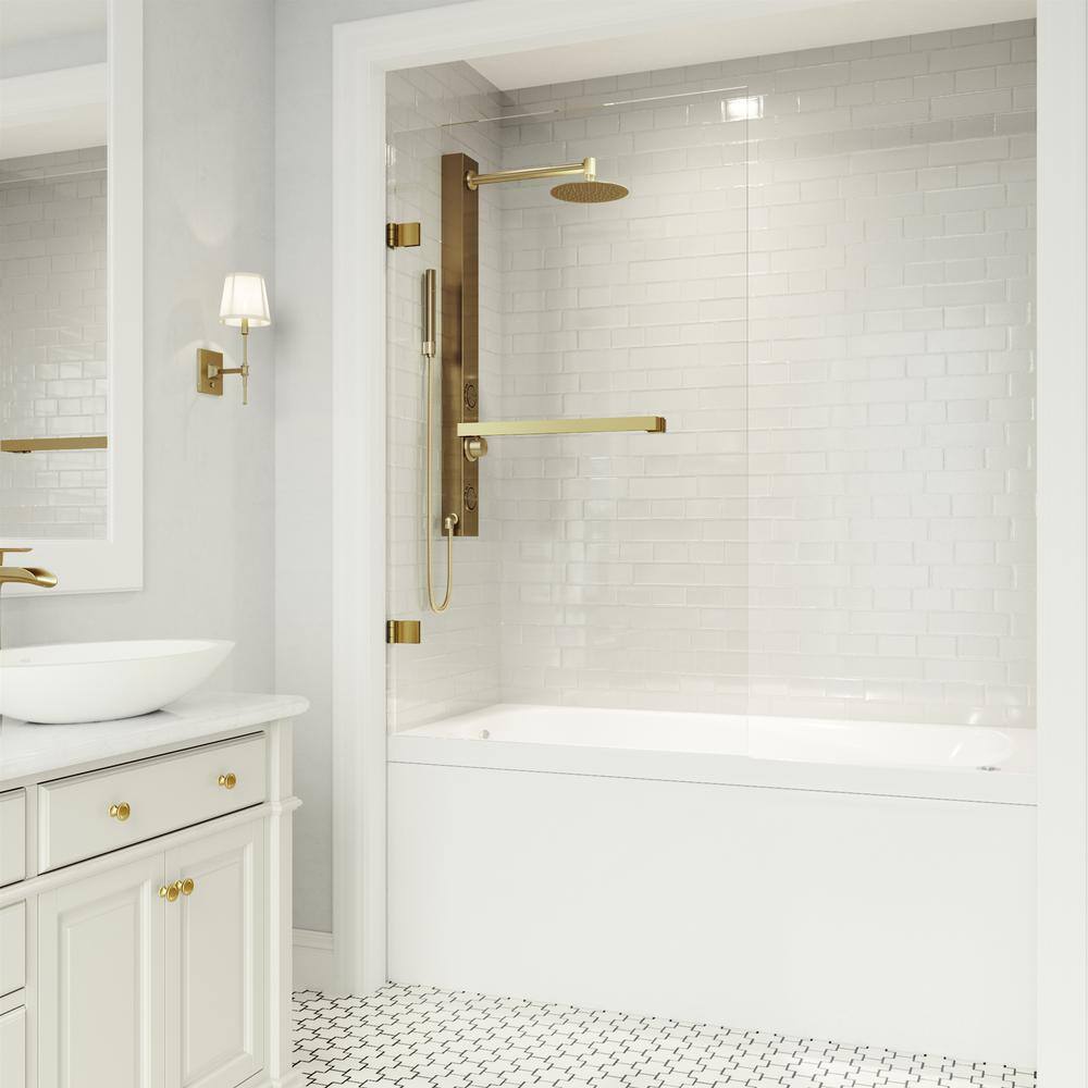 VIGO Rialto 34 in. W x 58 in. H Pivot Frameless Tub Door in Matte Brushed Gold with 516 in. (8mm) Clear Glass VG6074MGCL3458