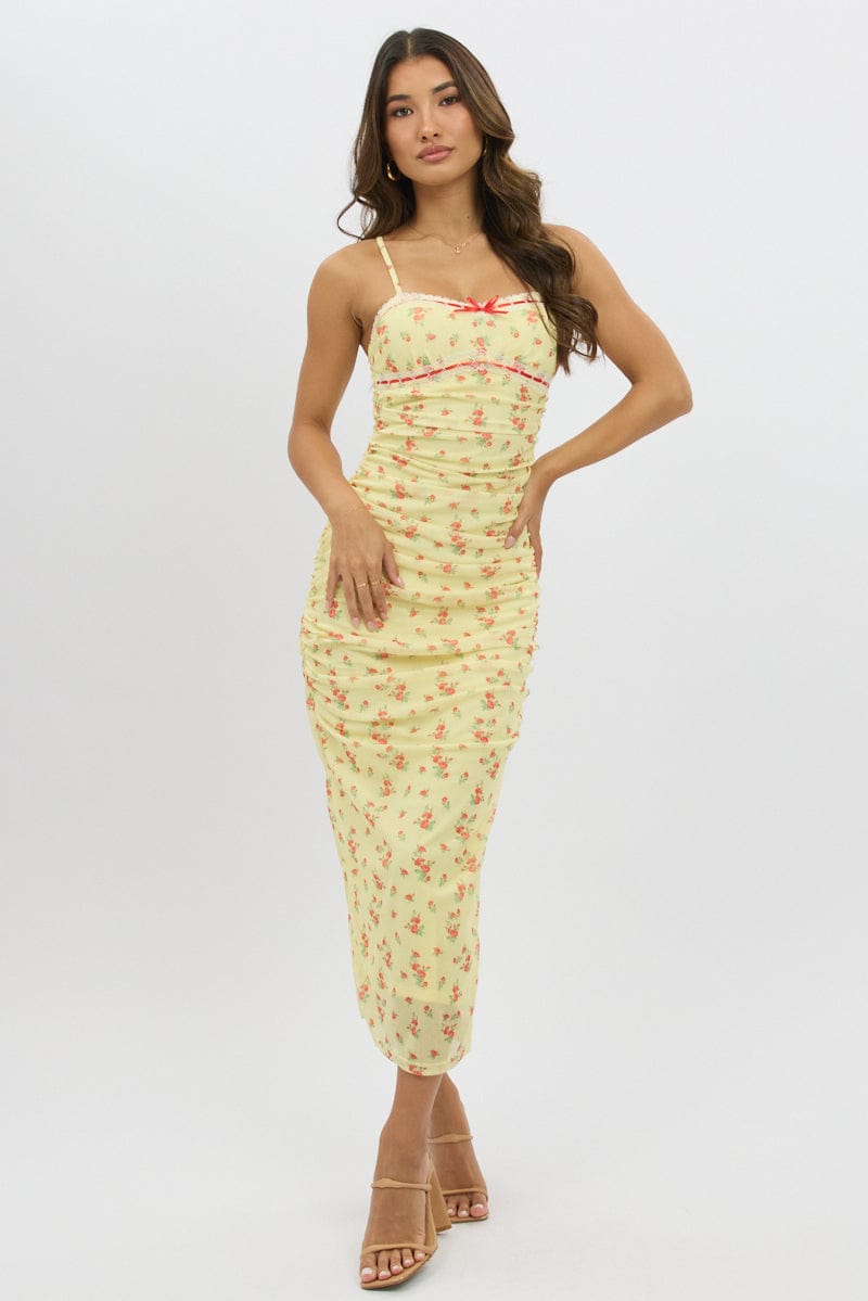 Yellow Ditsy Bodycon Dress Singlet Mesh Midi