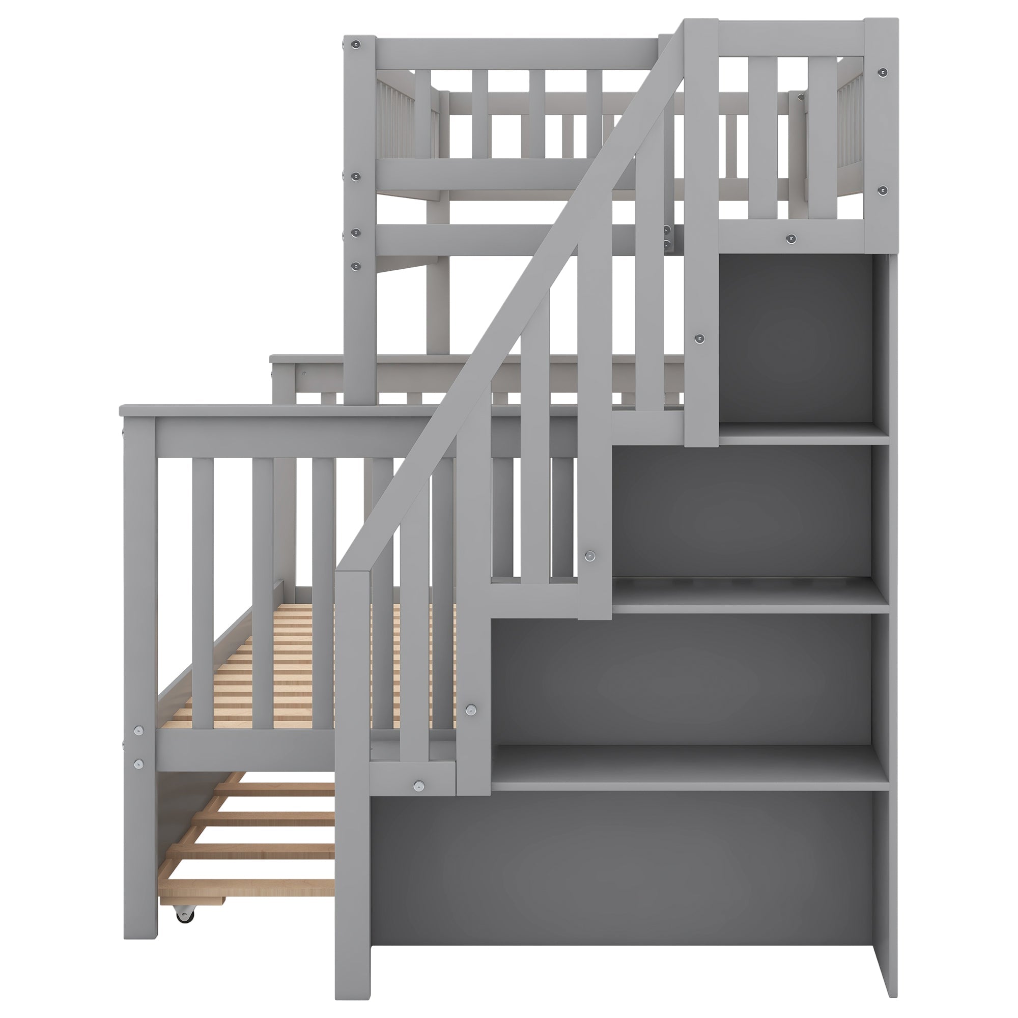 Euroco Twin Over Full Bunk Bed with Trundle and Stairs for Kids, Gray