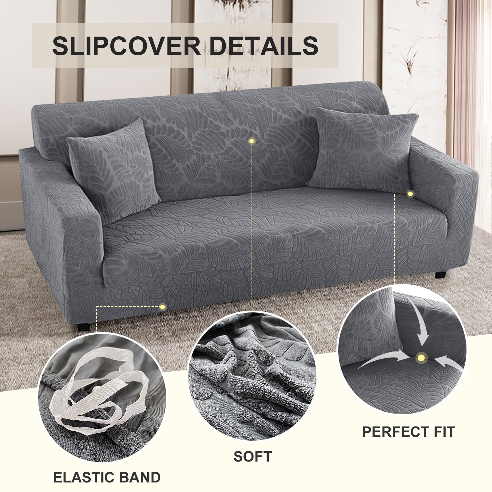 Oversize Couch Cover with Pillowcase & Foam, Slipcovers for Sofas Stretch Jacquard for 3 Seater Sofa, Loveseat Cover Chair Covers for Drawing/Living Room for Kids, Pets (3 Seater,Gray)