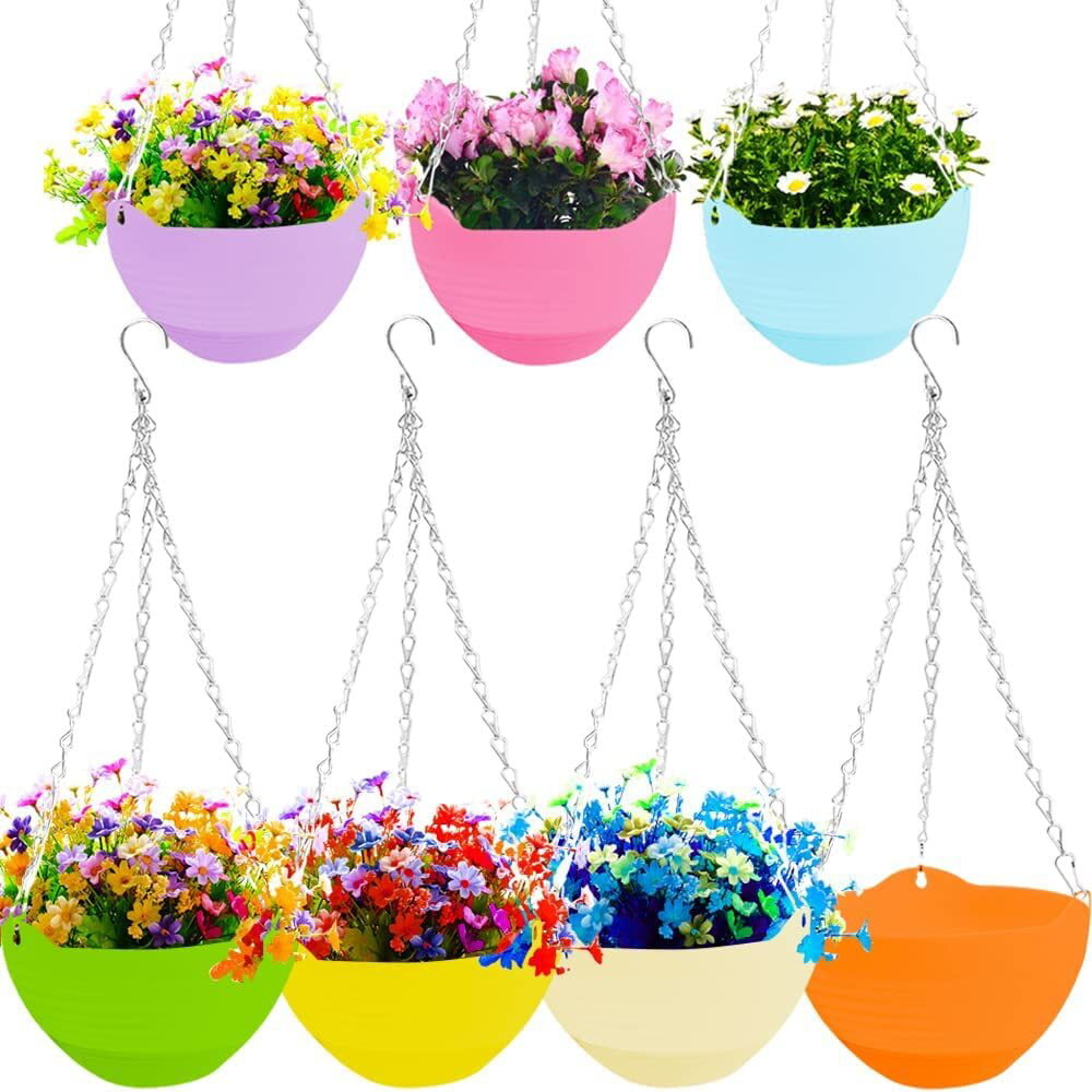 7 Pcs 8 inch Hanging Planter Pots,Self-Watering Round Hanging Basket with Water Tray and Metal Chain,Succulent Flower Plant Pot Container for Indoor Outdoor Garden Balcony Wall Decor,Multicolor