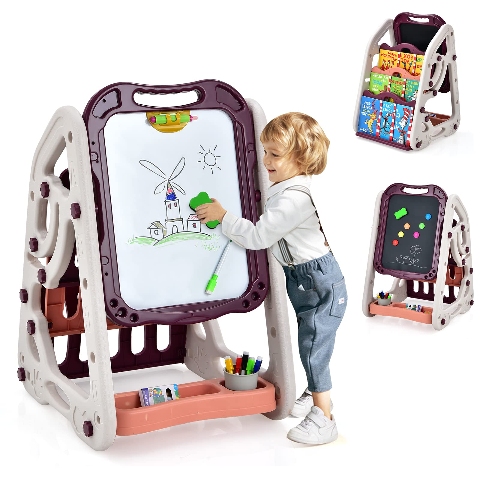 Costzon 3 in 1 Art Easel for Kids, Double Sided Magnetic Whiteboard & Chalkboard w/ Book Rack