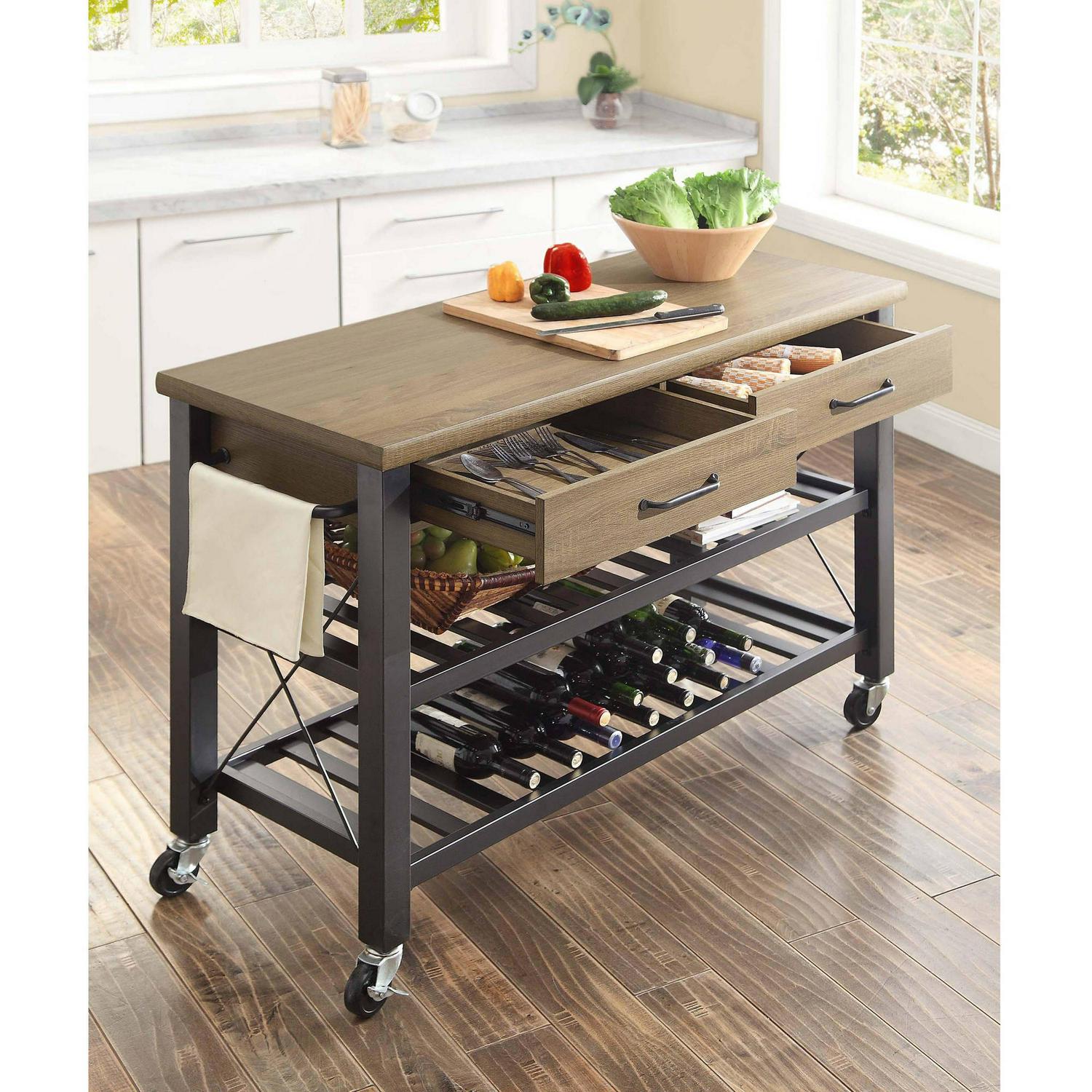 Whalen Santa Fe Kitchen Cart with Metal Shelves and TV Stand Feature