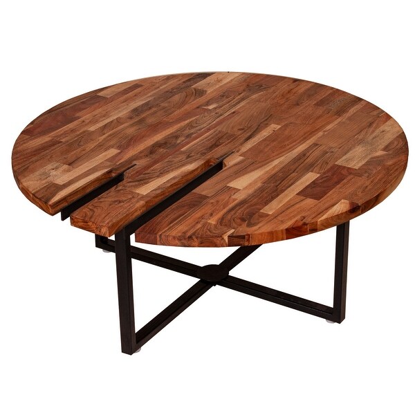 Peter 35 Inch Round Coffee Table， Solid Acacia Wood Tabletop， Steel Frame， Brown， Black