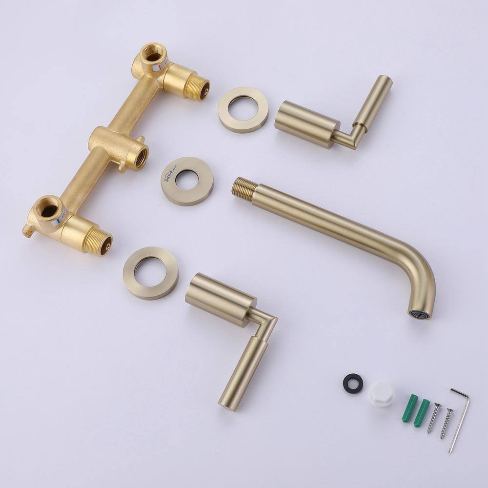 IHOMEadore Double Handle Wall Mounted Bathroom Faucet in Brushed Gold JK-RWBF60007GB