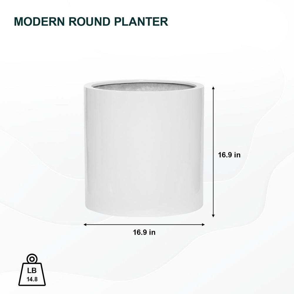 PotteryPots 16.9 in. Tall Glossy White Max Medium Fiberstone Indoor Outdoor Modern Round Planter E1014-43-W