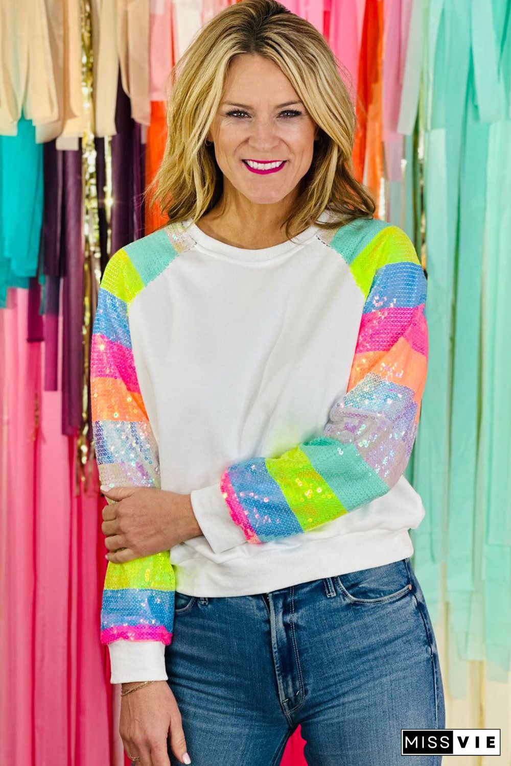 White Sequin Color Block Raglan Sleeve Pullover Sweatshirt