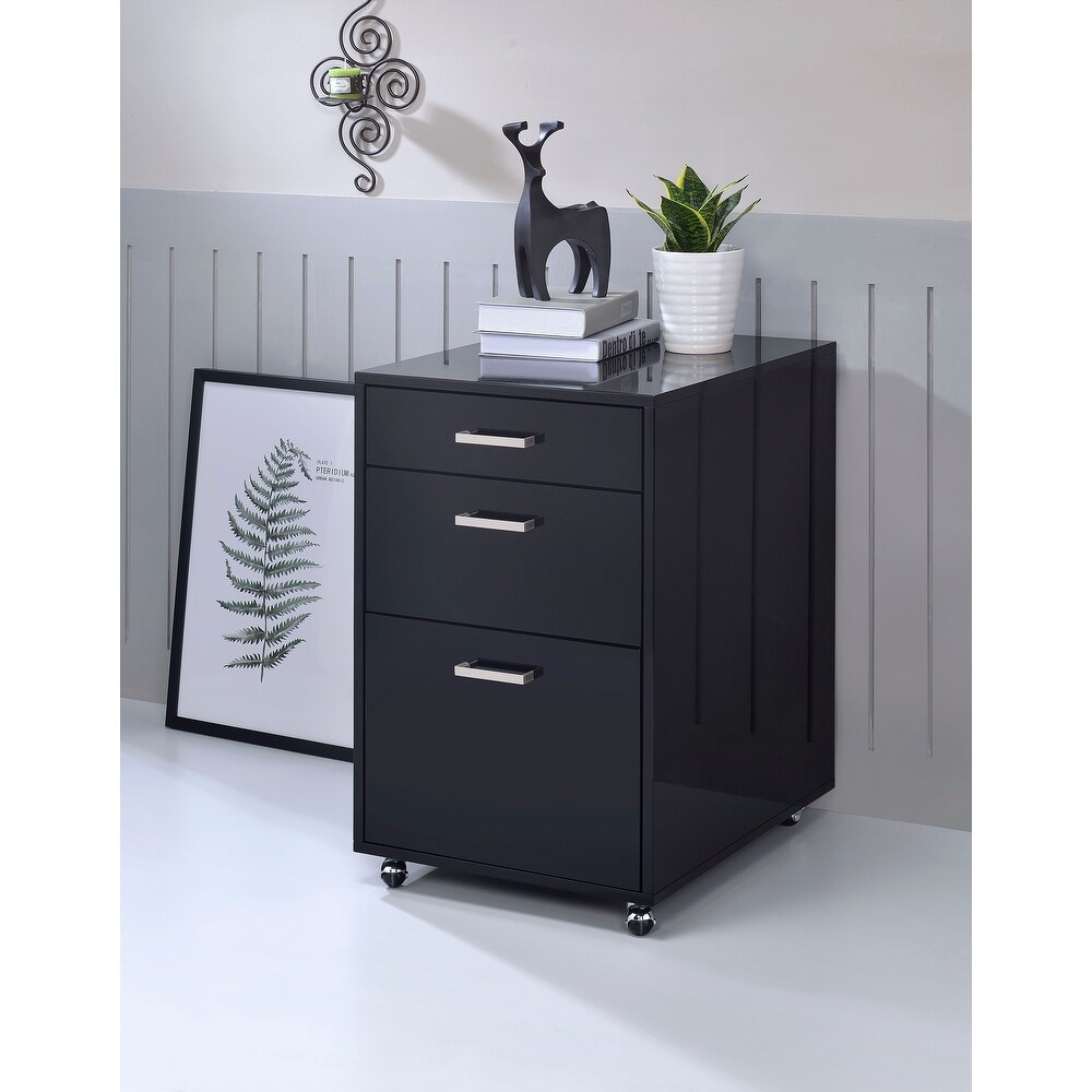 Black Wooden Filing Cabinet with Three Drawers and Wheels   Home and Office Organization