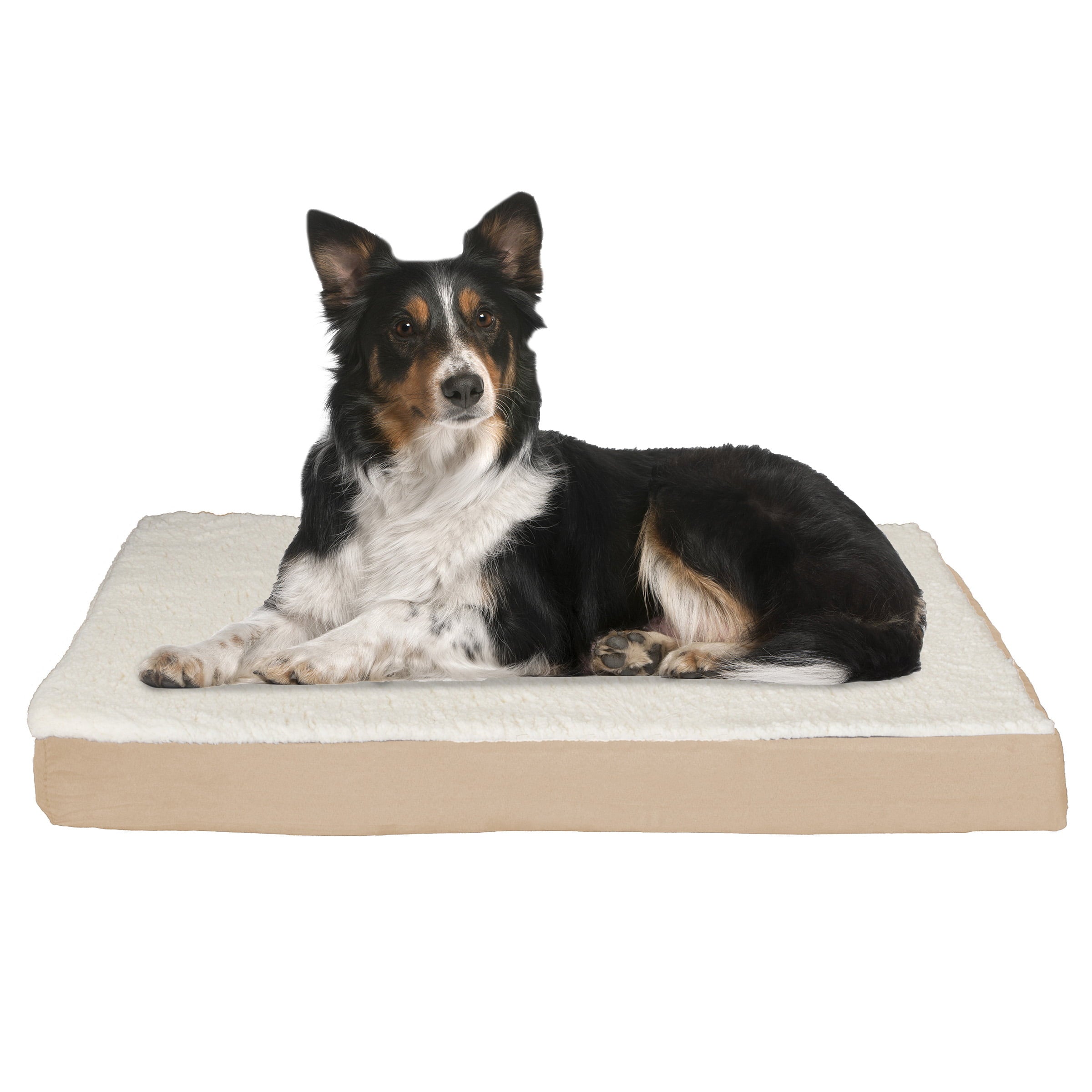 Dog Bed Orthopedic Sherpa Top Pet Bed with Memory Foam and Removable Cover 36x27x4 Tan