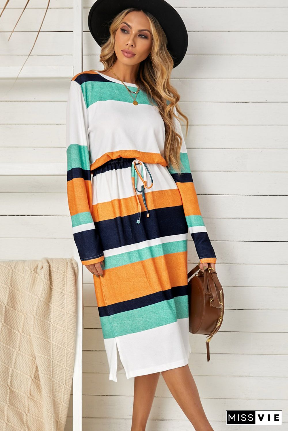 Green Multicolor Block Drawstring Waist Long Sleeve Midi Dress