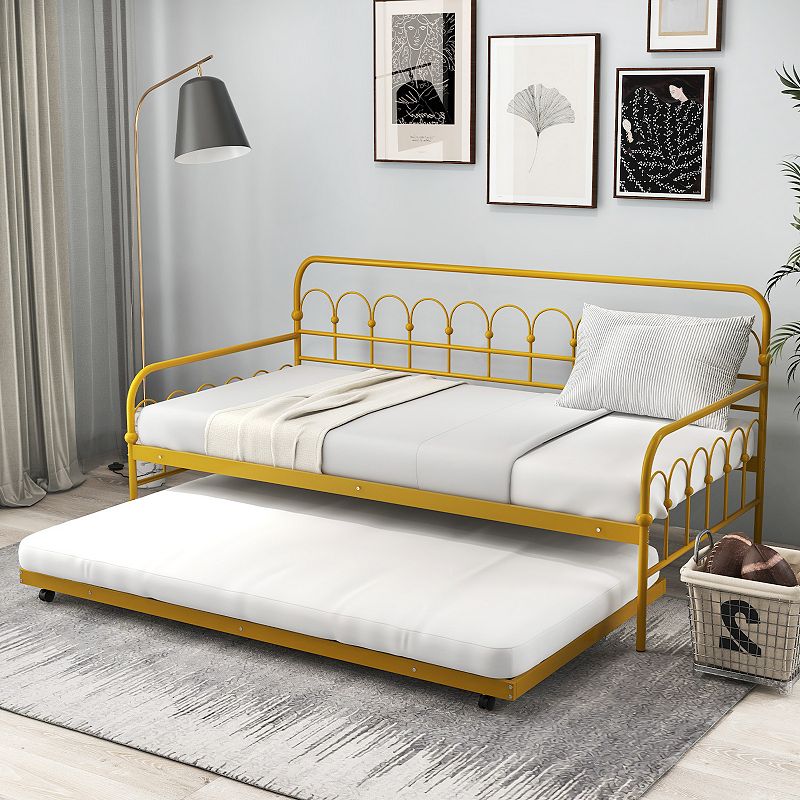 Twin Size Golden Metal Daybed With Trundle And Lockable Wheels-twin Size