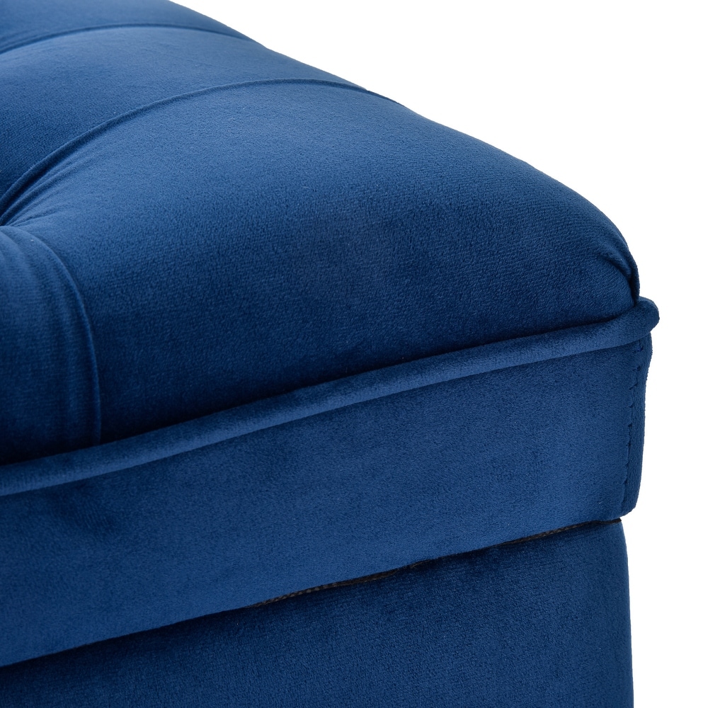 Blue Button Tufted Ottoman w/ Storage Bench Upholstered Fabrics