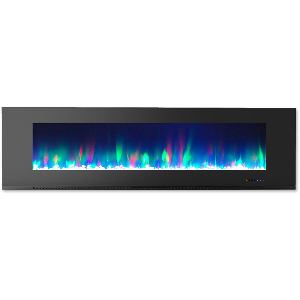 Hanover 72 In. Wall Mount Electric Fireplace in Black with Multi Color Flames and Crystal Rock Display